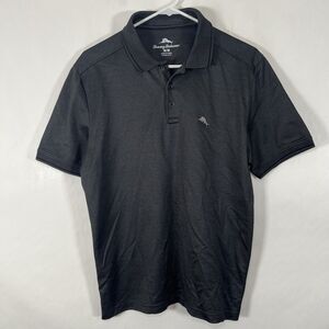 Tommy Bahama Polo Shirt Mens Size Medium Dark Gray Striped Cotton Poly Blend